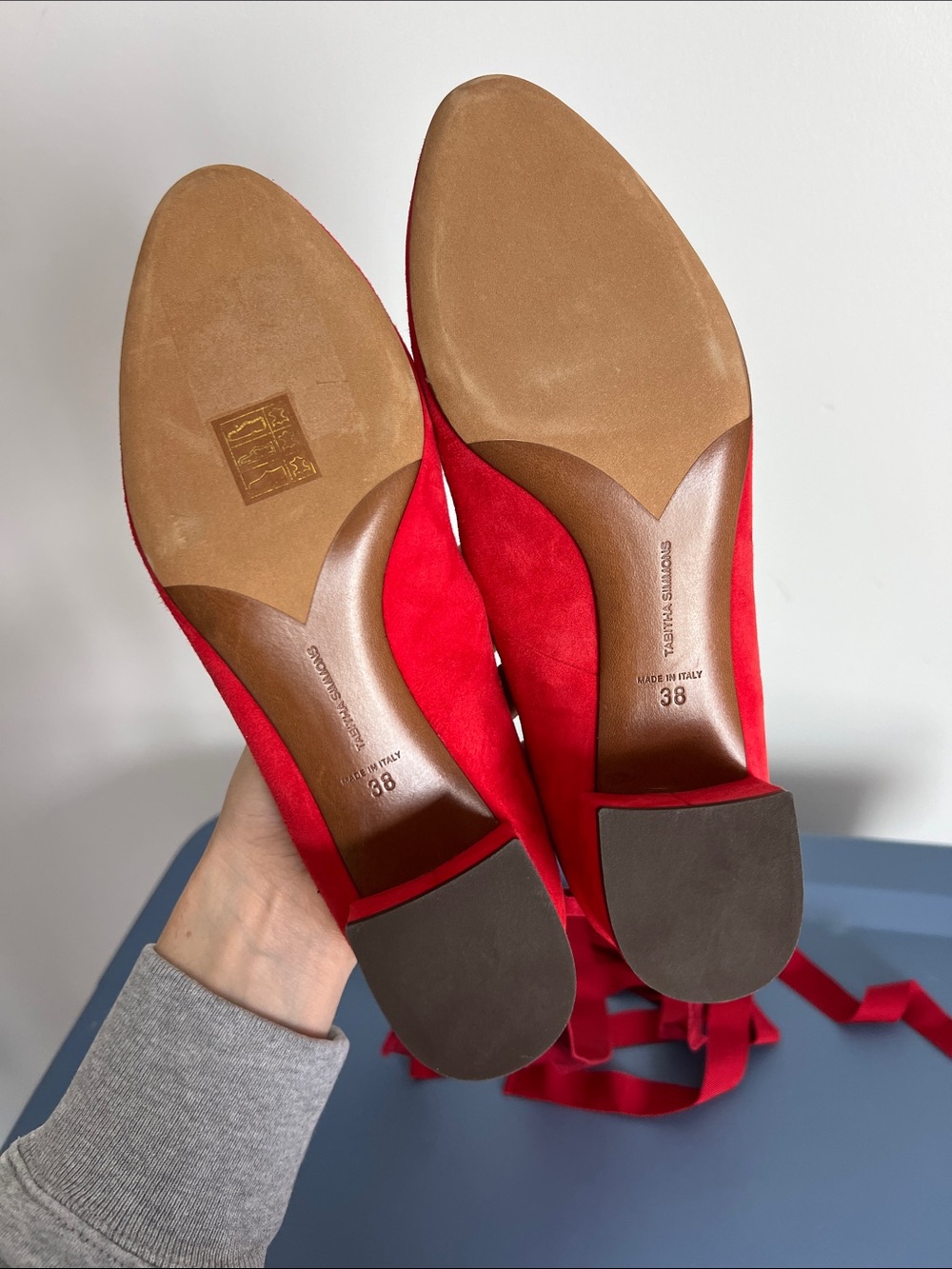 Tabitha Simmons red suede block low heels with ribbon wrap around ankle bows 38 - Picture 5 of 16
